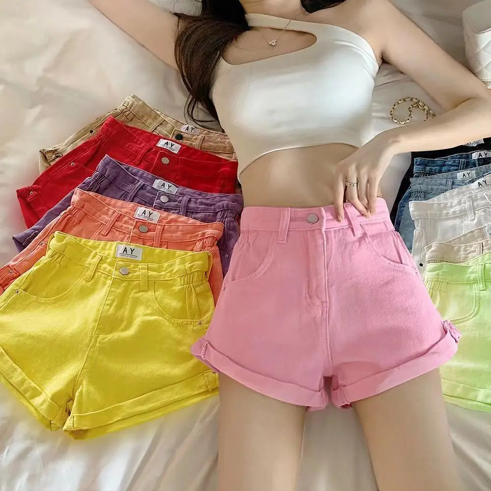 2023Candy Color Denim Shorts Women Summer Pink Sexy High Waist Crimping Jeans Shorts Solid Casual Female Shorts 11 colors choose
